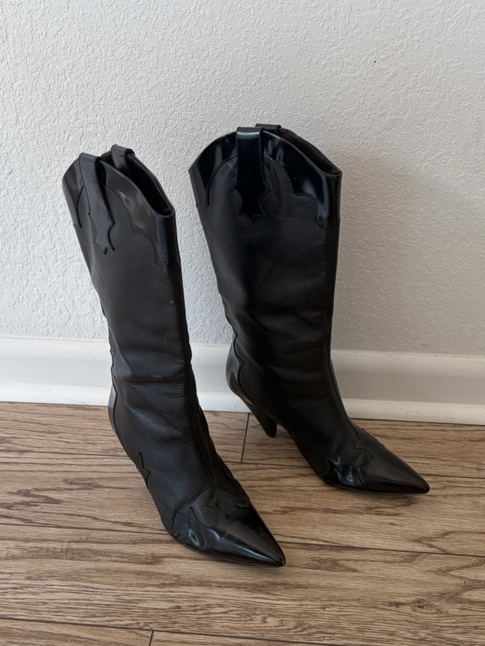 Mango Black Pointed-Toe Western Knee-High Boots with Heel
